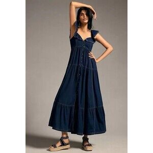 Anthropologie Pilcro Sweetheart Flutter-Sleeve Denim Buttondown Dress Size Small